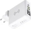 A white universal travel charger with multiple USB ports and wireless charging capability. Podgląd zdjęcia produktu
