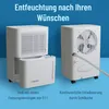 Two white dehumidifiers are shown against a blue background. Text describes features of the dehumidifiers. Produktbild-Vorschau