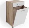 A product shot of a bathroom cabinet with a drawer and a flip-down door revealing a laundry hamper. Produktbild-Vorschau