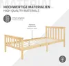 A wooden bed frame with text overlays highlighting its features. Náhľad obrázku produktu