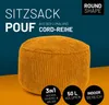 A mustard yellow corduroy pouf is shown against a teal background, with marketing text and icons. Náhled obrázku produktu