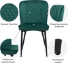 Close-up views and labels highlighting features of a green velvet chair with black legs. Produktbild-Vorschau