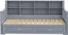 A gray wooden daybed with a built-in bookshelf and two drawers, shown from the front against a white background. Anteprima dell’immagine prodotto