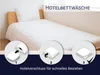 A bed with white hotel-style bedding, accompanied by three circular diagrams illustrating how to put on a pillowcase. Produktbild-Vorschau