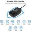A black power adapter with a US plug, surrounded by icons representing safety features. Podgląd zdjęcia produktu