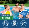 A family enjoying a pool, with marketing text and icons overlaid. Produktbild-Vorschau