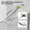 A shower enclosure stabilizer bar is shown attached to a glass panel, with annotations indicating its length and pivot range. Produktbild-Vorschau