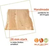 A wooden tabletop with text overlays highlighting its features and brand. Produktbild-Vorschau