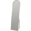A tall, arched floor mirror with a gold frame stands on a black support leg against a white background.