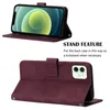 A flip leather phone case for an iPhone 12 is shown in two views, demonstrating its stand feature. Produktbild-Vorschau
