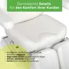 Close-up of a white cosmetic chair with text overlays highlighting its features. Produktbild-Vorschau