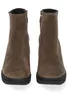 A pair of brown suede ankle boots are shown from the front against a white background. Produktbild-Vorschau
