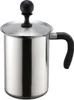 A stainless steel milk frother with a black handle and lid knob, shown against a white background. Produktbild-Vorschau
