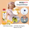 A young girl with chocolate smudges on her face and shirt stands next to a bottle of Microactiv Orangenöl Reiniger. Several circular insets show close-ups of stains and cleaning actions. Produktbild-Vorschau