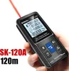 A hand holding a black laser distance meter with a red laser beam emitting from it. Produktbild-Vorschau