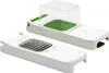 A white vegetable chopper with green accents and a clear plastic lid, shown with its interchangeable cutting grid component. Náhled obrázku produktu