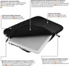 A laptop inside a protective sleeve, with callouts highlighting features. Produktbild-Vorschau