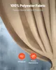 Close-up of beige curtains with icons and text highlighting features. Produktbild-Vorschau