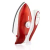 A red and white travel iron and its base are shown against a white background. Produktbild-Vorschau