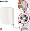A white plastic balcony door handle is shown on the left, with marketing graphics on the right illustrating its use and color options. Náhľad obrázku produktu