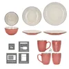 A collection of ceramic tableware, including bowls, plates, and mugs, arranged in a grid layout with informational icons. Produktbild-Vorschau