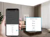A hand holding a smartphone displaying a smart home app interface, with a pop-up menu for illumination values, set against a backdrop of a modern living room. Produktbild-Vorschau