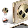 Close-up of a gold glitter phone case with a camera module and a side view showing raised edges. Produktbild-Vorschau