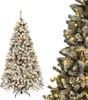 A flocked artificial Christmas tree with warm white LED lights and a metal stand, shown against a white background. A close-up of the tree is also visible on the right. Produktbild-Vorschau