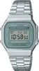 A close-up studio shot of a Casio digital watch with a silver metal band and a green digital display. Voir les images du produit