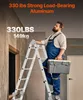 A man in blue overalls is standing on a multi-purpose ladder, holding a toolbox. Voir les images du produit