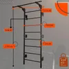 A black wall-mounted fitness ladder with various measurements indicated by orange lines and text. Produktbild-Vorschau