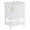 A white bathroom vanity with a single door and a shelf underneath, shown against a white background. Voir les images du produit