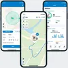 Three phone screens displaying a dog tracking app with maps, GPS location, and wellness data. Anteprima dell’immagine prodotto