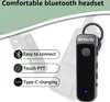 A close-up marketing image of a black and gray Bluetooth headset with a walkie-talkie in the background, highlighting its features. Produktbild-Vorschau