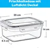 A clear plastic food storage container with dimensions indicated by lines and text. Produktbild-Vorschau
