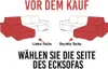 Diagram showing two configurations of a sectional sofa, indicating left and right side options, with German text. Produktbild-Vorschau