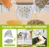 A collage of images showing spice jars, a foldable funnel, and a cleaning brush, with text highlighting features. Náhled obrázku produktu