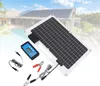 A solar panel kit with a charge controller and accessories, set against a blurred background of a house with solar panels and a swimming pool. Podgląd zdjęcia produktu