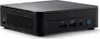 A black Intel NUC barebone computer is shown from a front-side angle on a white background. Produktbild-Vorschau