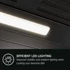 Close-up of an LED light on a black appliance, with text describing its features. Voir les images du produit