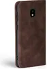 A brown leather flip case for a Samsung Galaxy J3 2017 phone is shown from the side. Produktbild-Vorschau