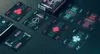A collection of cyberpunk-themed playing cards and their box are arranged on a dark surface. Voir les images du produit
