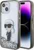 A Karl Lagerfeld iPhone case with a glitter liquid design and a cartoon figure of Karl Lagerfeld is shown next to an iPhone. Produktbild-Vorschau