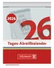 A marketing image for a 2026 daily tear-off calendar, featuring large red numbers and the brand logo. Produktbild-Vorschau