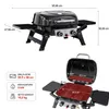 A top-down view of a portable gas grill with dimensions and specifications displayed, and a side view of the same grill. Produktbild-Vorschau