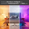 A bedroom scene divided into three sections, showcasing different lighting effects from warm white to cool white to RGB color. Produktbild-Vorschau