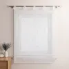 A white sheer curtain with a wavy embroidered pattern hangs on a curtain rod. Produktbild-Vorschau