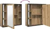 A side-by-side comparison of a bathroom cabinet, one with the door closed and mirrored, the other with the door open showing the interior shelves. Podgląd zdjęcia produktu