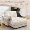 A beige corduroy sofa with a chaise lounge section, featuring built-in cup holders and side pockets with a charging cable. The image is overlaid with marketing text and icons. Produktbild-Vorschau