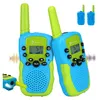 Two blue and green walkie-talkies are displayed against a white background, with smaller images of two more walkie-talkies in the top right corner. Sound wave graphics are visible on the left and right sides of the image. Anteprima dell’immagine prodotto